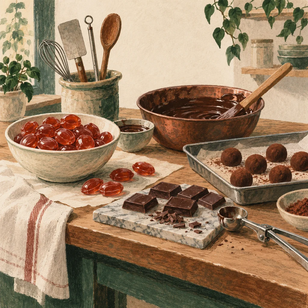 Original Upvote concept of unlabelled confections, chocolate pieces and a confectioner’s workbench; not the maker’s actual products or studio.