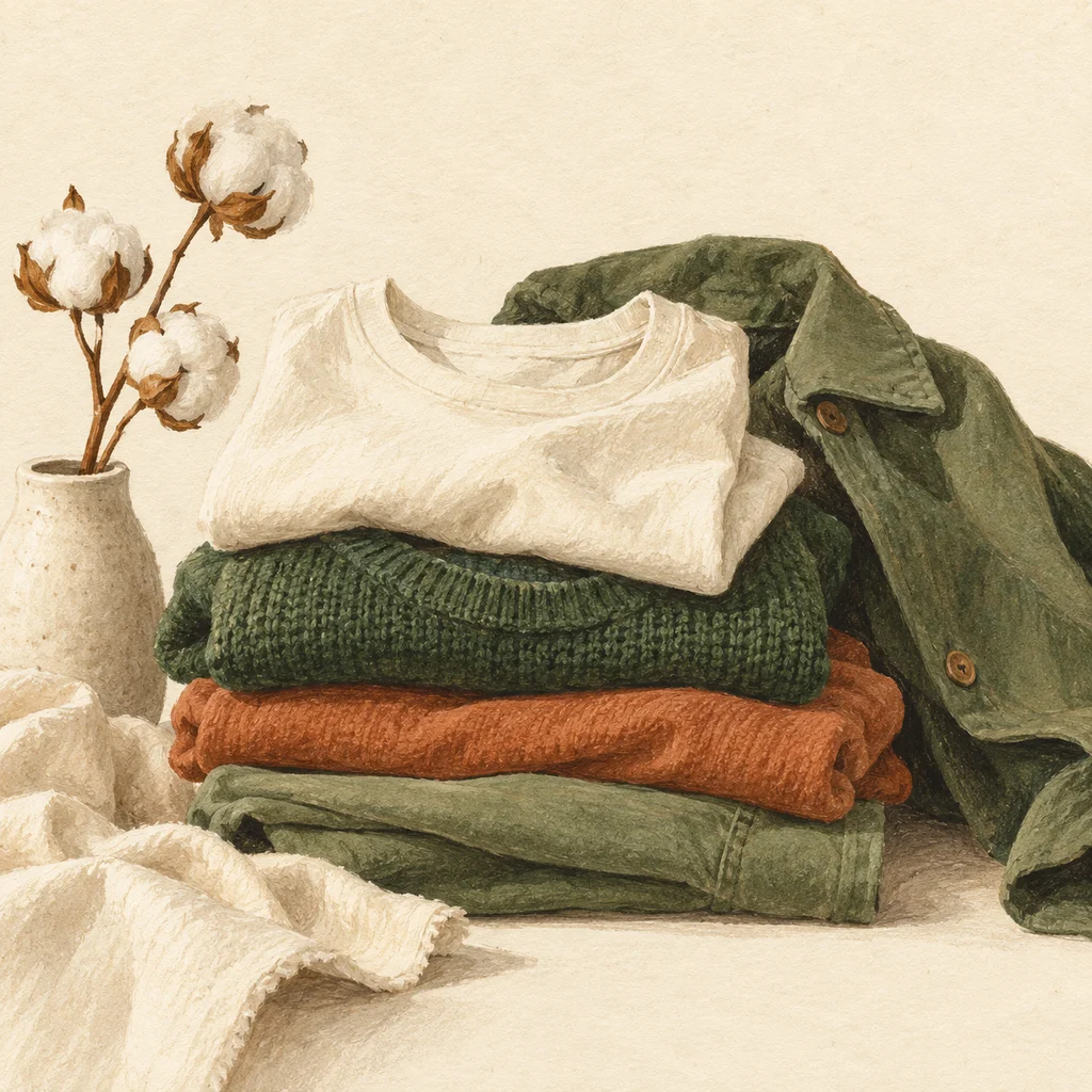 Upvote concept illustration of plain casual layers and cotton fabric; not the actual products or workshop