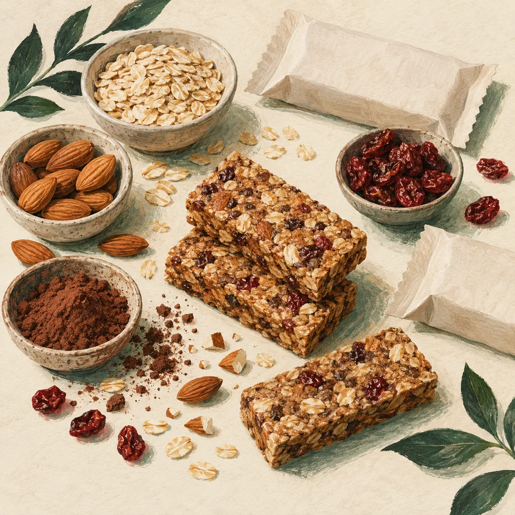 Original Upvote concept of plain snack bars, oats, almonds, cocoa and dried berries beside blank paper wrappers on cream paper; not the maker’s products or packaging.