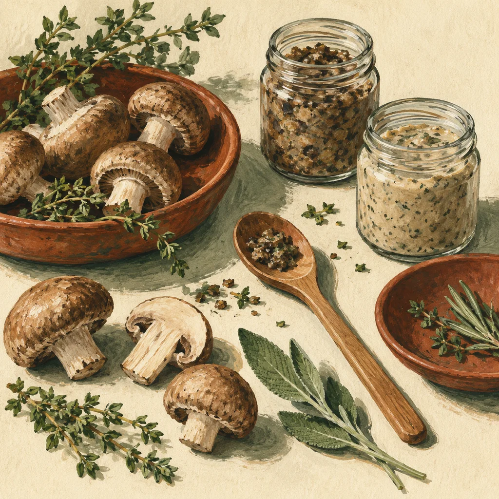 Upvote concept illustration of plain condiment jars, mushrooms and herbs; not the actual products or workshop