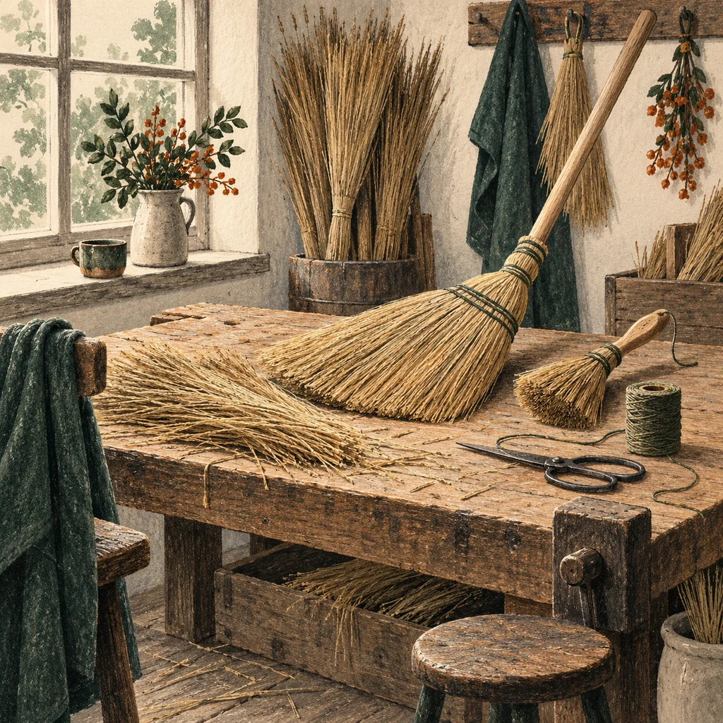 Original Upvote concept of a generic flat broom, round brush and loose fibres; not the maker’s actual brooms or shop.