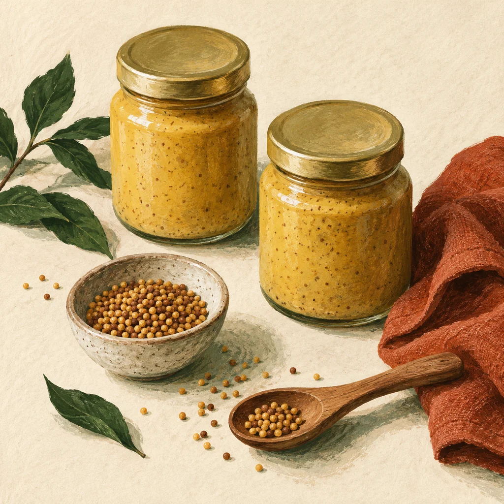Original Upvote concept of two unmarked mustard jars, mustard seeds, a wooden spoon and a folded cloth on cream paper; not the maker’s actual labels or products.