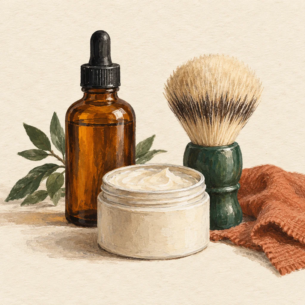 Original concept illustration of an unlabelled oil dropper and shaving-gel tube beside simple care tools.
