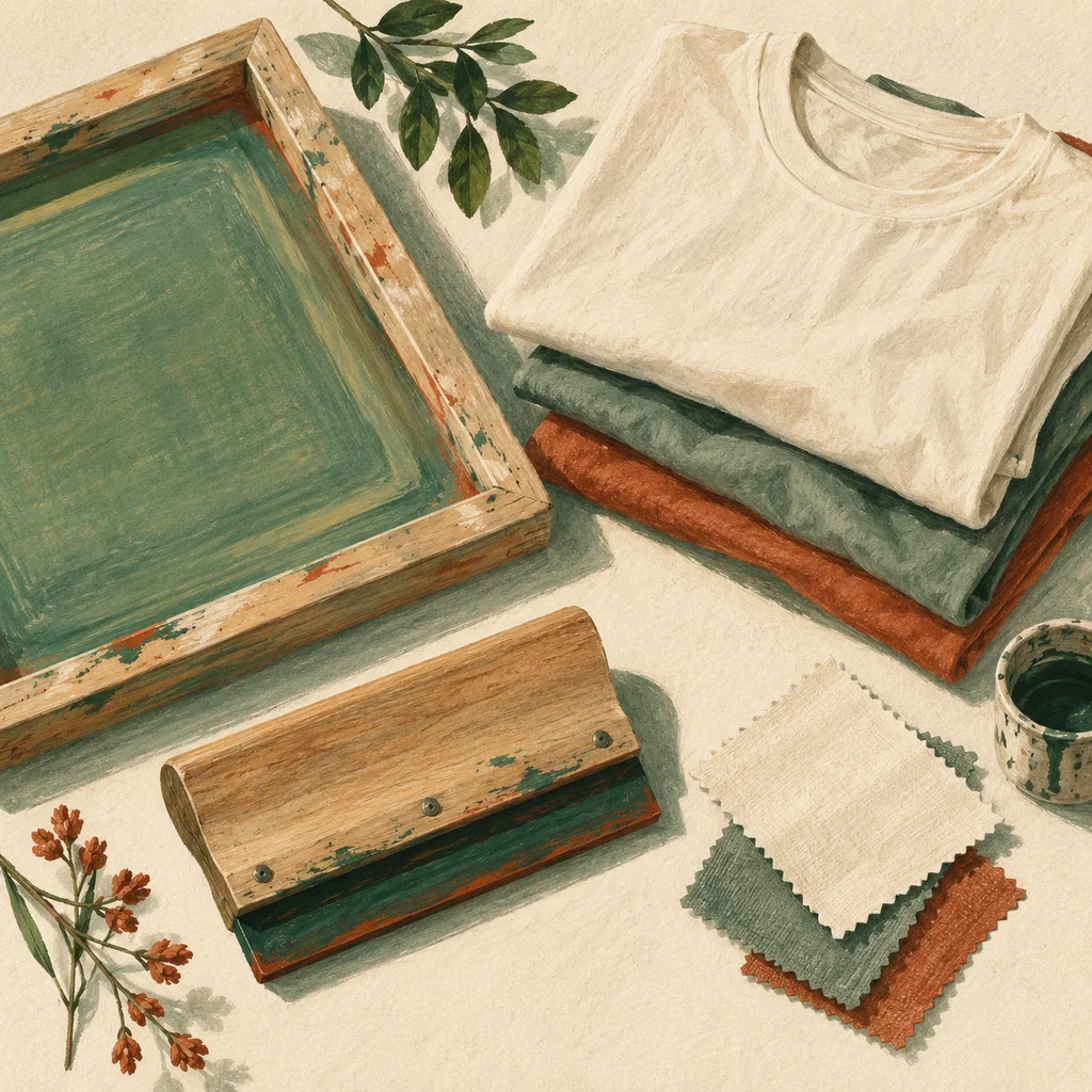Original Upvote concept of plain unprinted tees, a blank screen-printing frame, a squeegee and cotton swatches on cream paper; not the brand’s graphics or garments.
