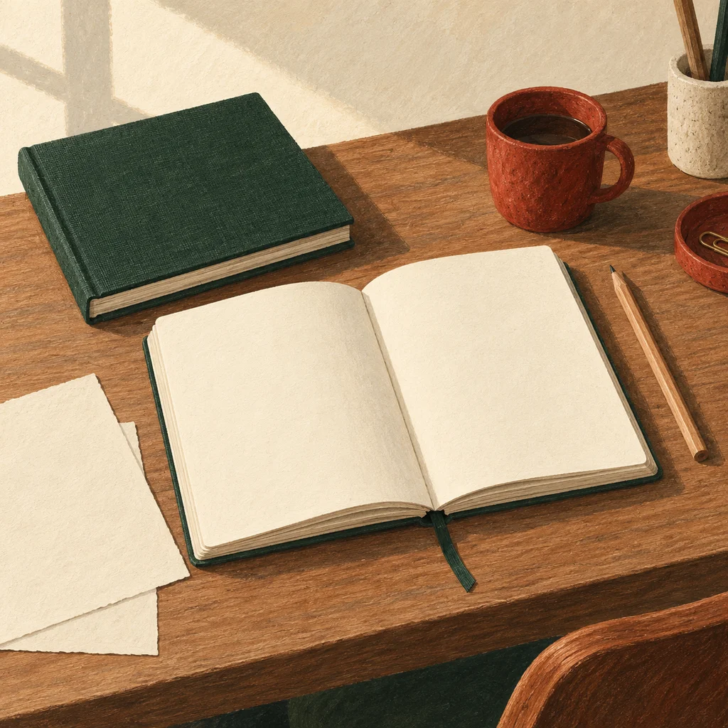Original Upvote concept illustration of paper planning and stationery; not an actual Hemlock & Oak planner or design