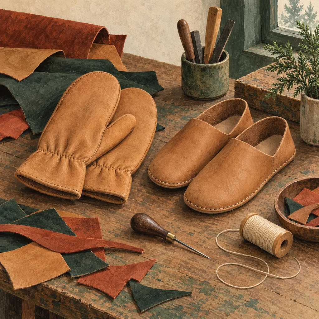 Original concept illustration of plain leather mitts, moccasin shapes and a sewing awl.