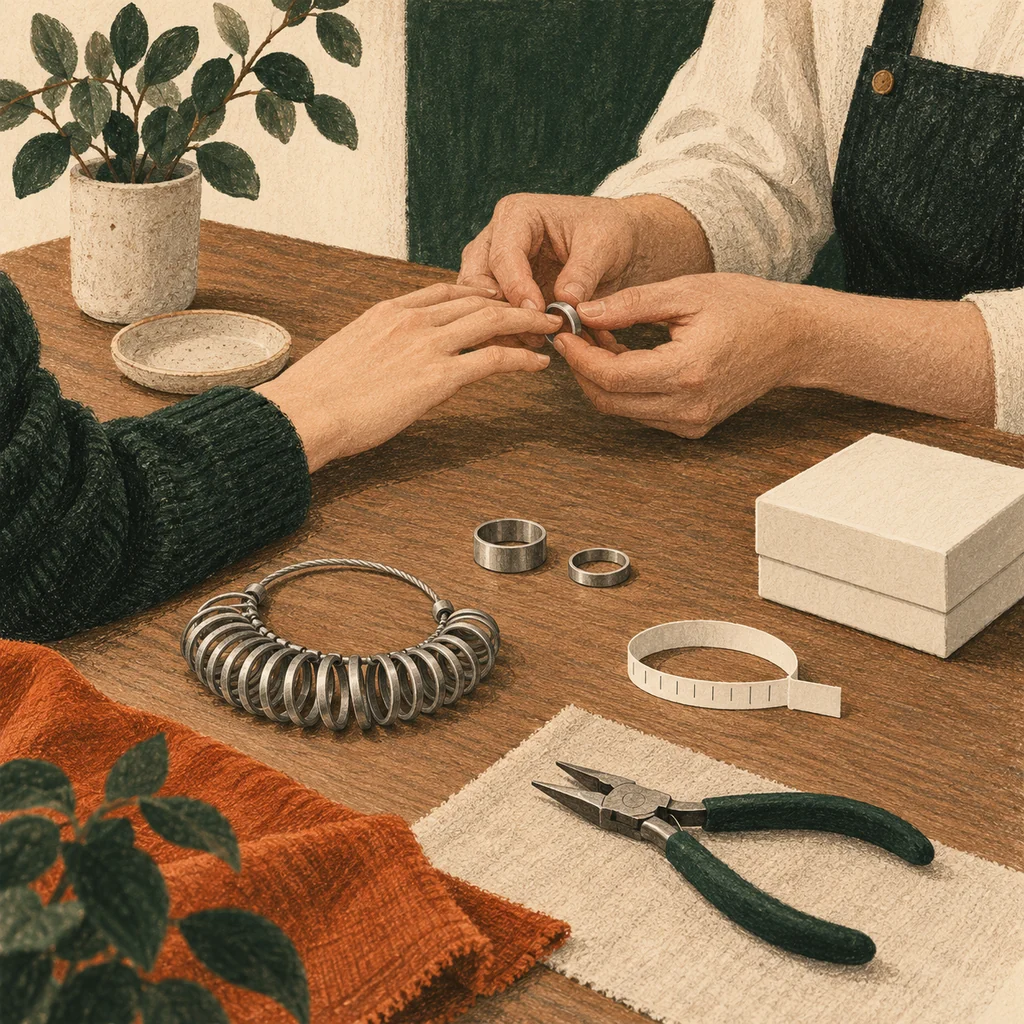 Original Upvote concept of ring gauges, plain metal blanks and small tools; not actual Hilary Druxman jewellery or studio.