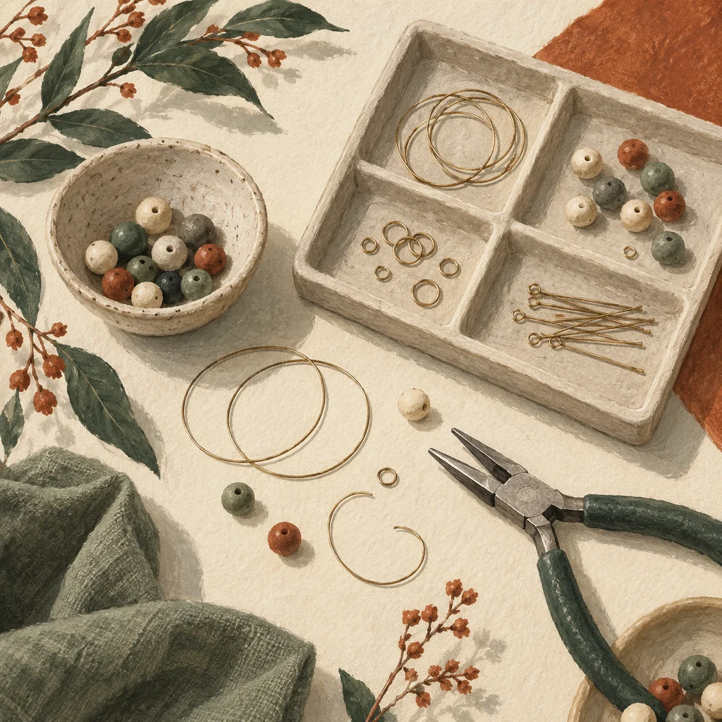 Original Upvote concept of plain wire loops, neutral beads, a jewellery tray and small pliers on cream paper; not actual branded pieces, signature forms or designs.
