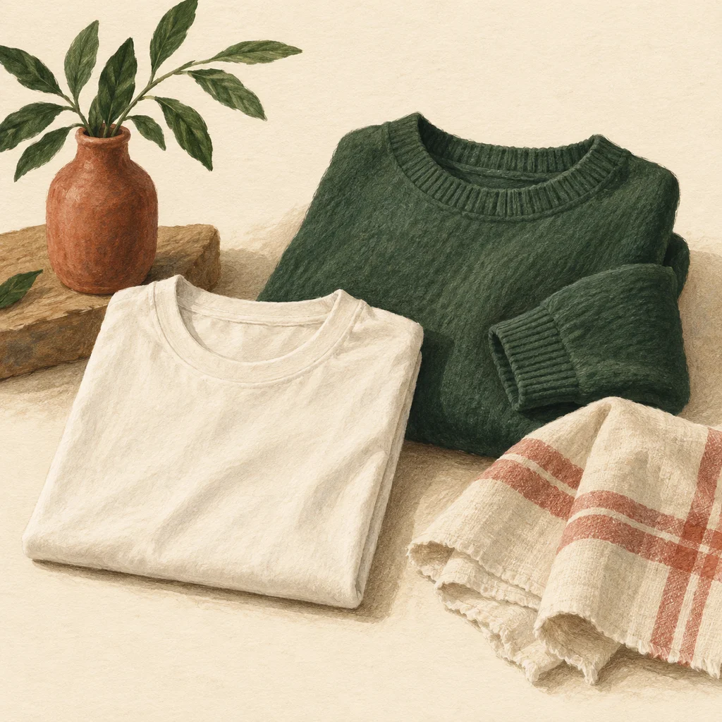 Upvote concept illustration of a plain tee, pullover and cotton cloth; not the actual products or workshop