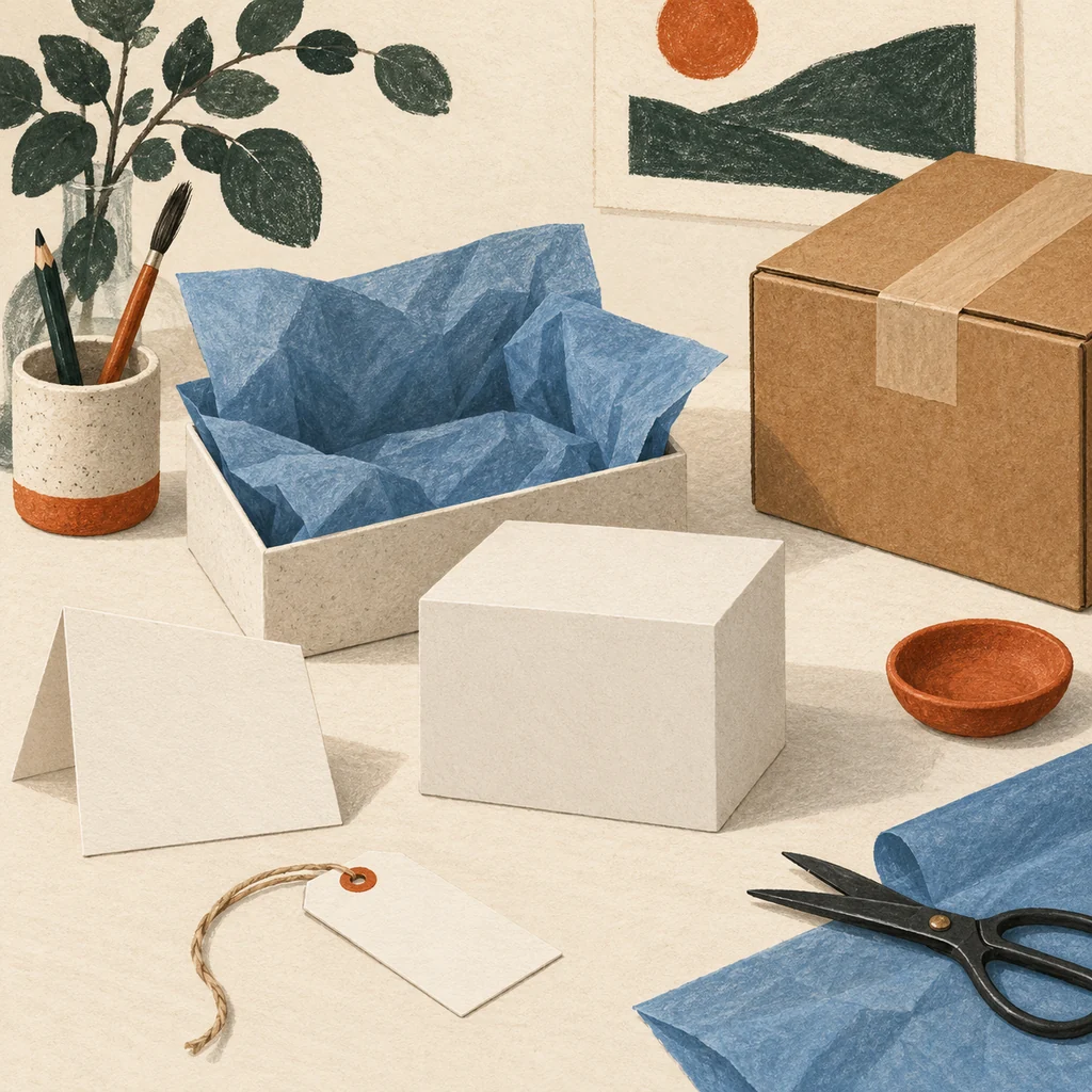 Original Upvote concept of an empty display plinth, blank care card and packing box; no artist work, product or real shop shown.