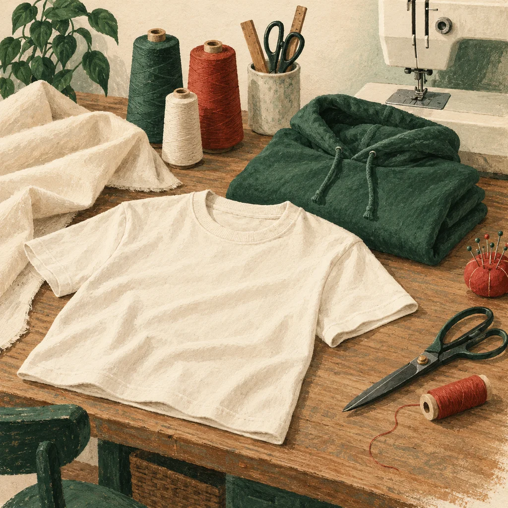 Original concept illustration of a plain cotton tee and hoodie beside sewing tools.