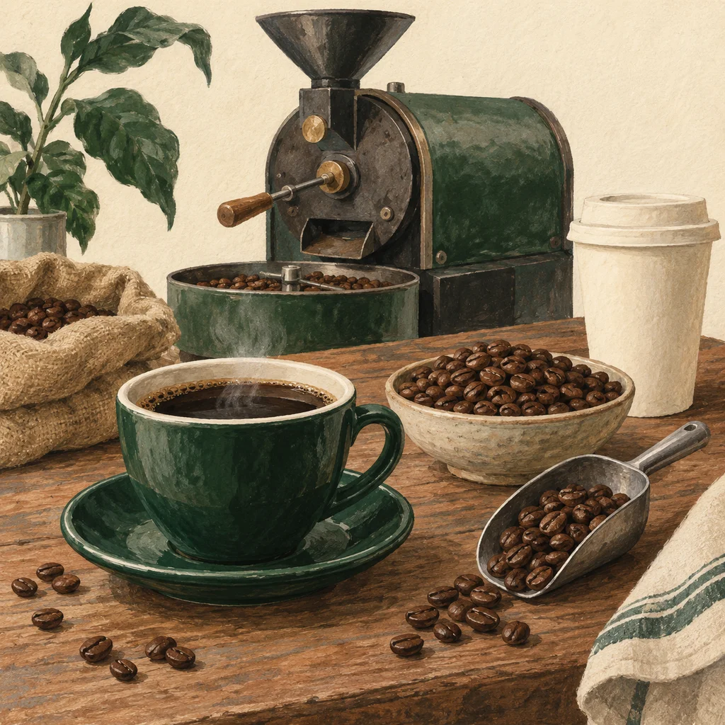Upvote concept illustration of coffee roasting and cafés; not the maker’s actual products, artwork or venue.