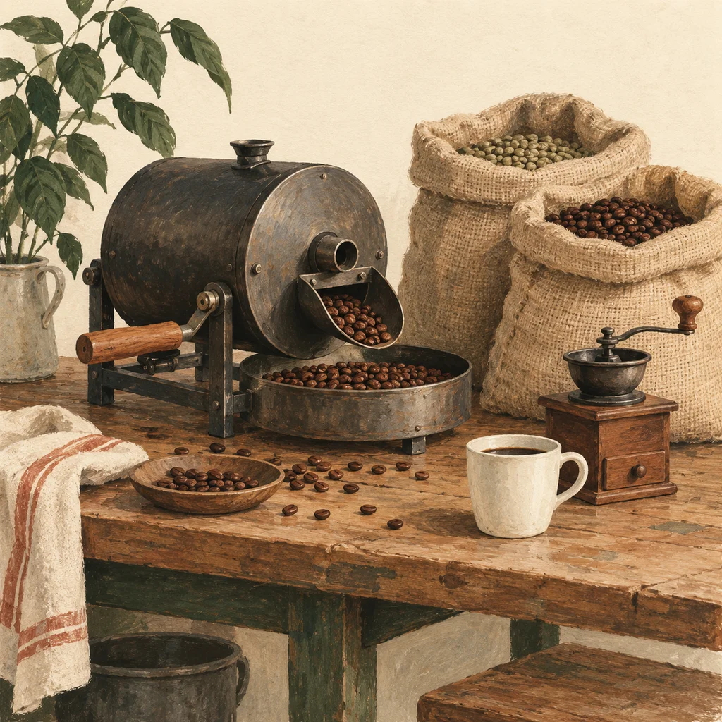 Original Upvote concept of a plain roasting drum, coffee sacks and a hand grinder; not the maker’s actual products or studio.