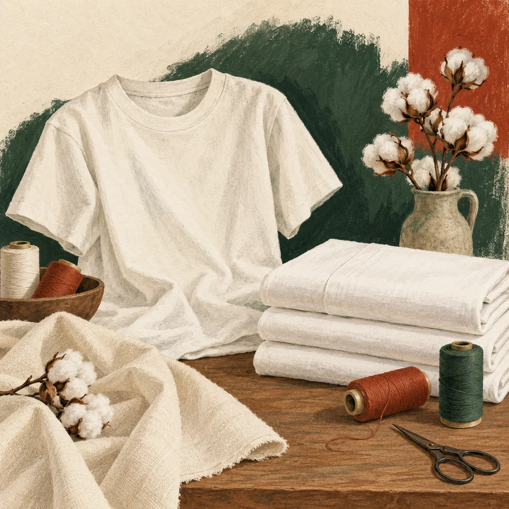 Original concept illustration of plain folded cotton bedding and an unmarked clothing pattern.