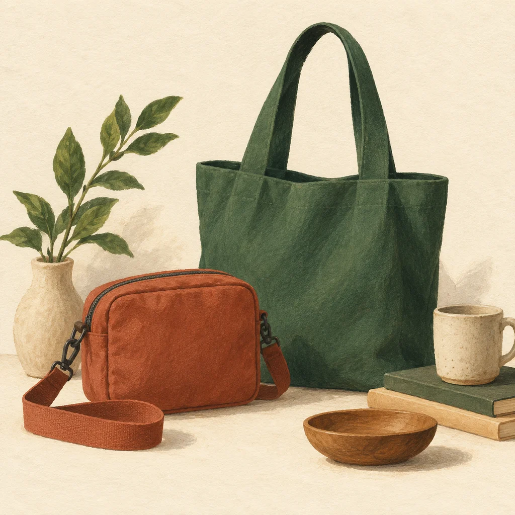 Original concept illustration of plain bag blanks, straps and material swatches without a copied product pattern.