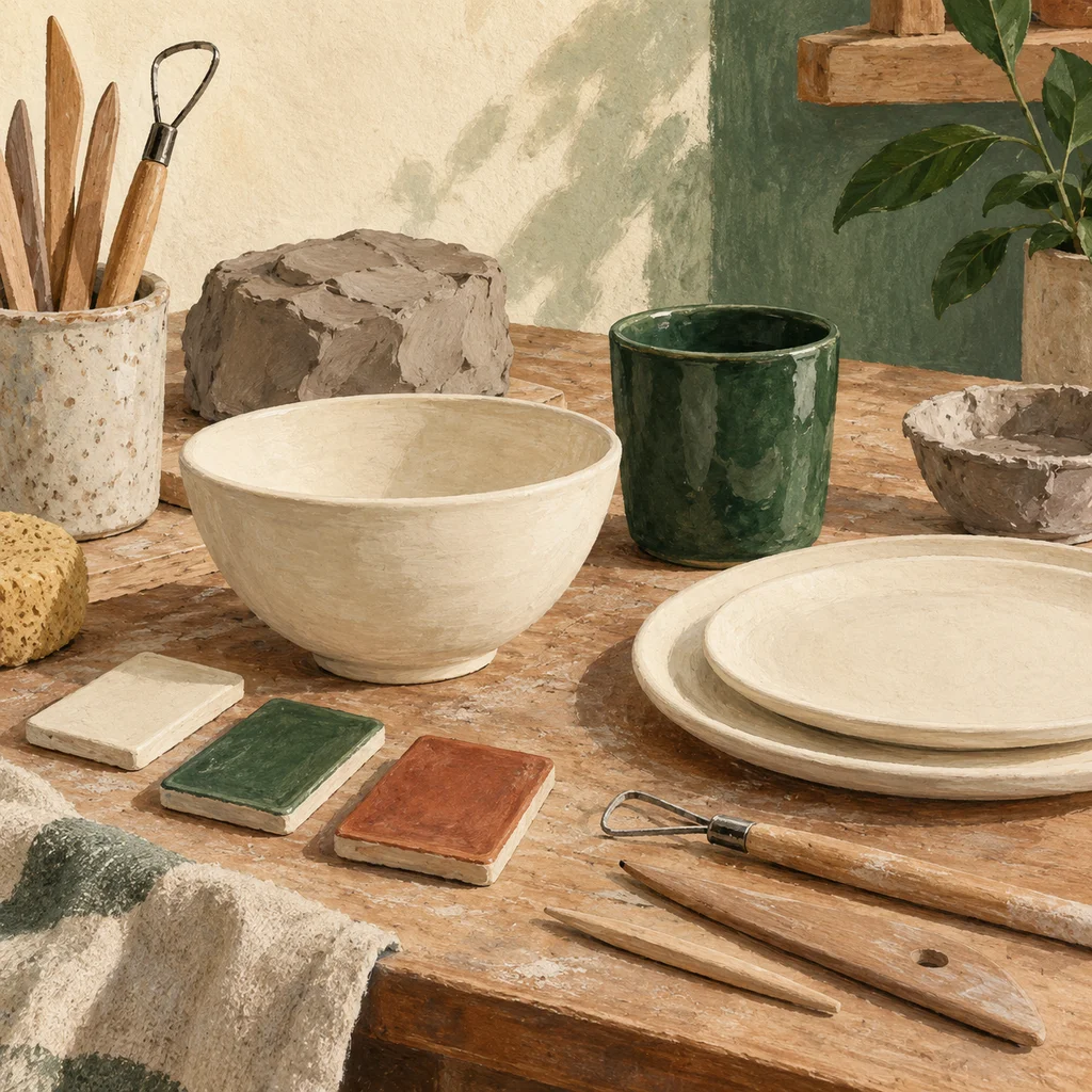 Upvote concept illustration of plain porcelain bowls, plates and pottery tools; not the actual products or workshop
