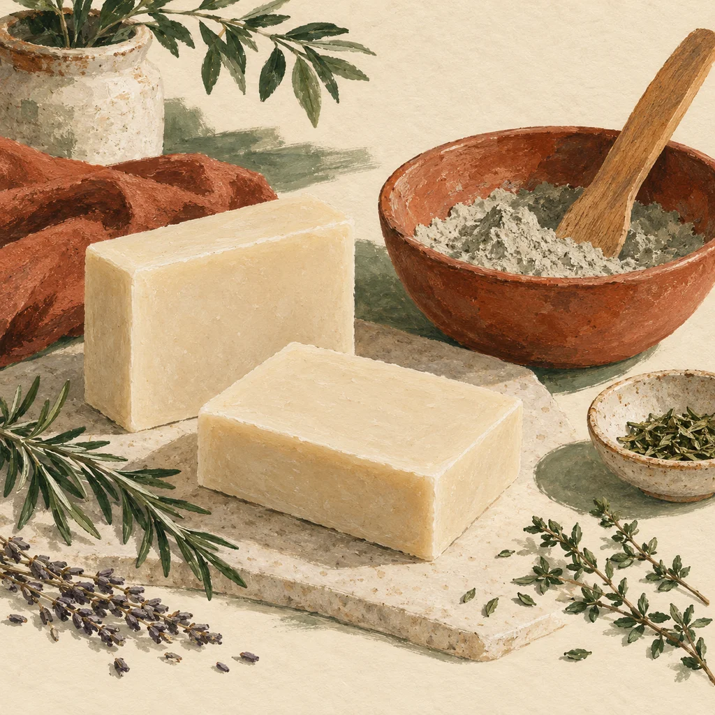 Upvote concept illustration of plain cleansing bars, herbs and clay powder; not the actual products or workshop