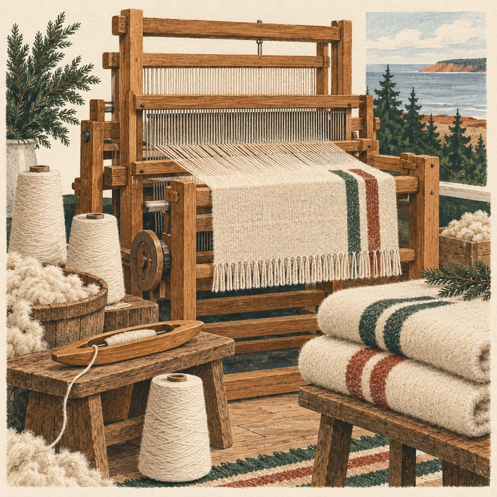 Upvote concept illustration of a generic wool loom and folded blankets; not the actual mill or a sale design.