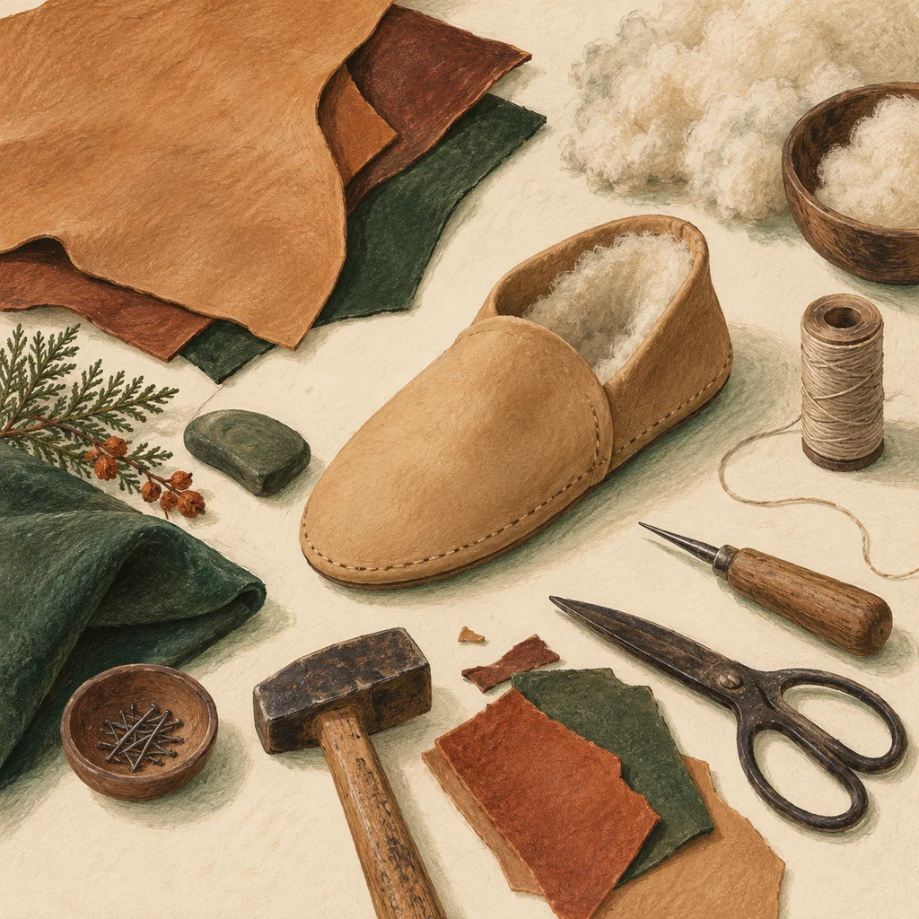Original Upvote concept of plain leather swatches, an unpatterned slipper form, wool lining and shoe-making tools on cream paper; not actual footwear, cultural motifs or artist designs.