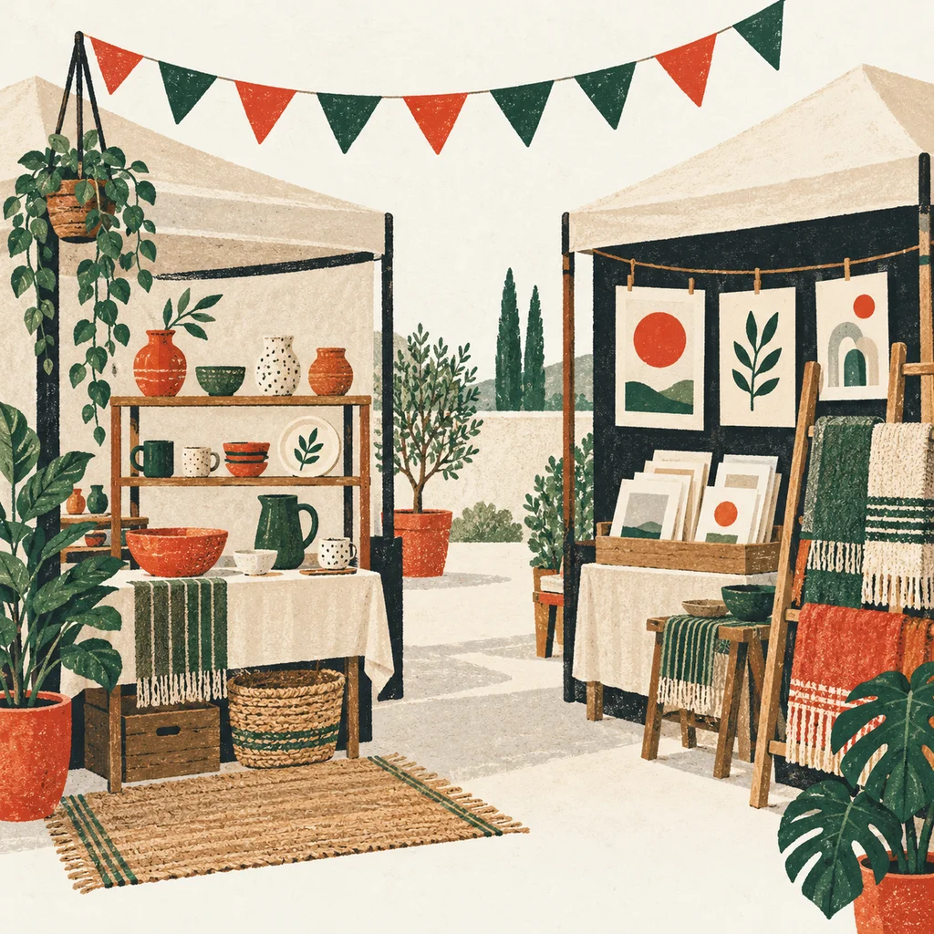Upvote concept illustration of artist markets and creative community; not the actual work or venue