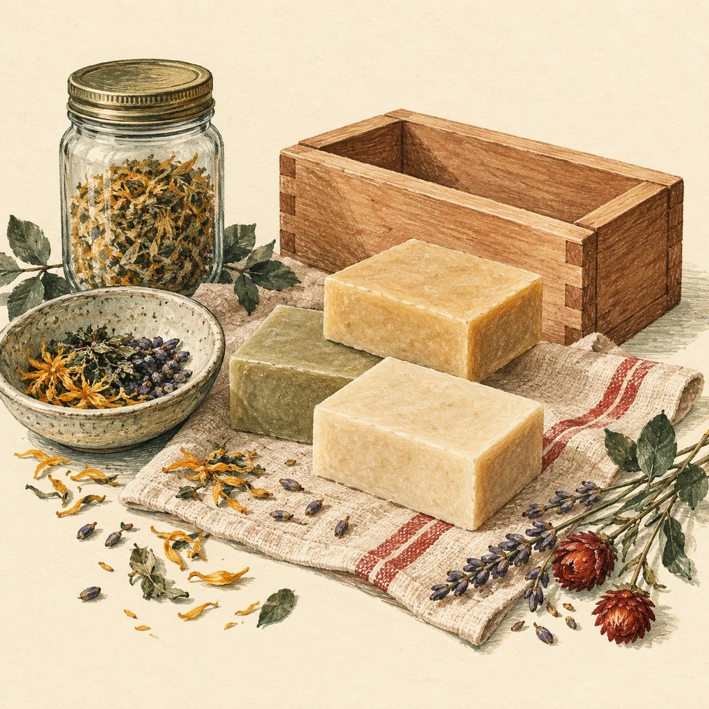 Original Upvote concept of plain soap bars, a loofah texture, botanical sprigs and mixing tools; not the maker’s actual products or studio.