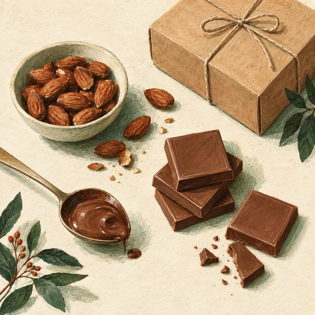 Original Upvote concept of plain chocolate pieces, roasted almonds, a confectionery spoon and an unmarked gift box on cream paper; not the chocolatier’s actual products or packaging.