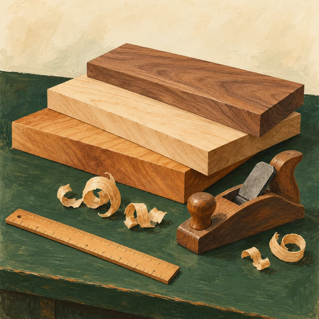 Original Upvote concept of plain hardwood blanks, a hand plane and wood shavings; not Mozack products or its workshop.