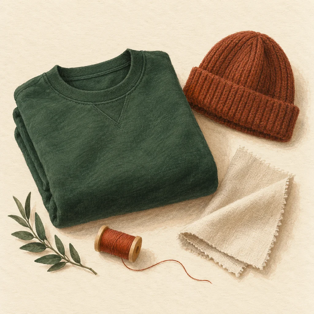 Original concept illustration of plain cotton garments and fabric beside sewing tools.