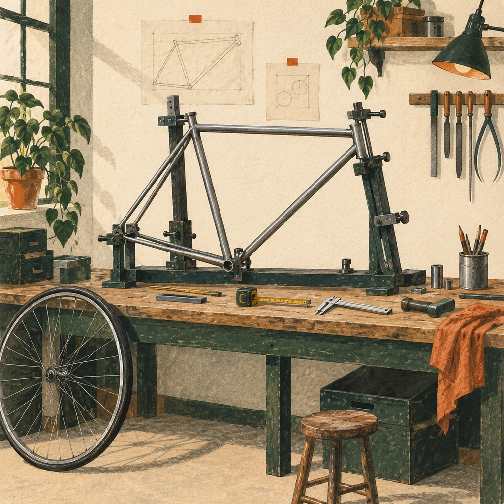 Original Upvote concept of plain metal tubes, a frame jig and a wheel; not an actual Naked bicycle or workshop.