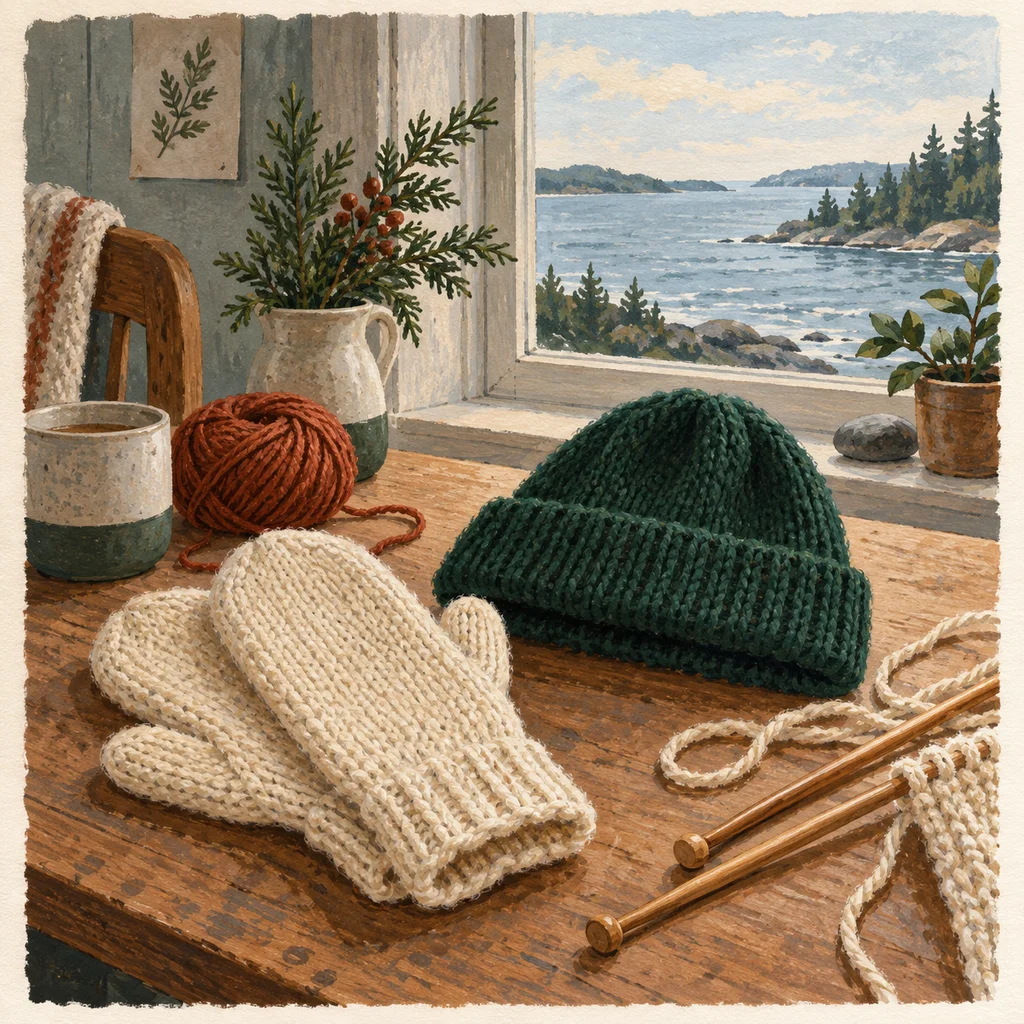 Original Upvote concept of plain knitted mittens, a hat, yarn and knitting needles by a coastal window; not the maker’s actual products or studio.