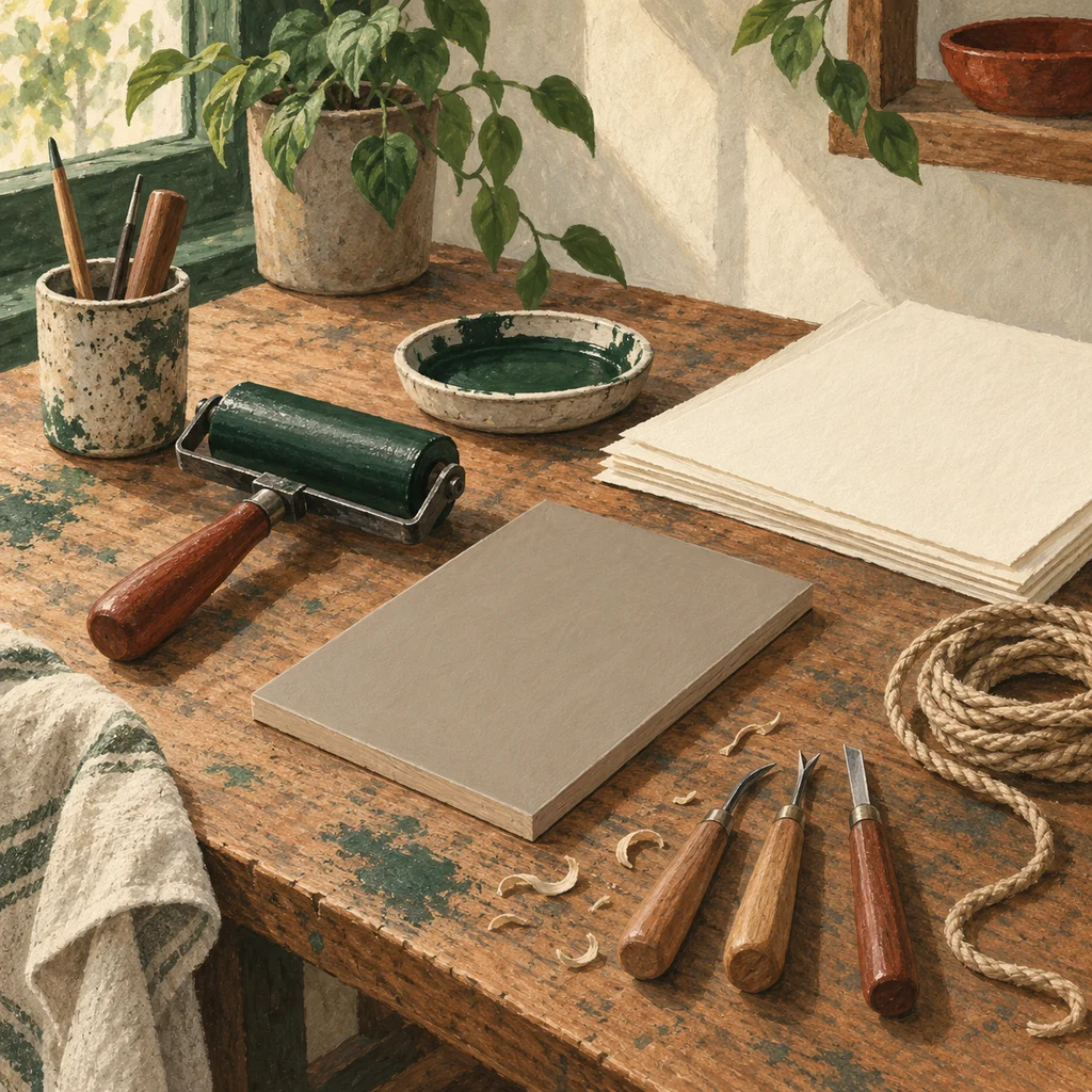 Original Upvote concept of a blank linocut workbench, brayer, paper and a simple coiled rope; not the maker’s actual products or studio.