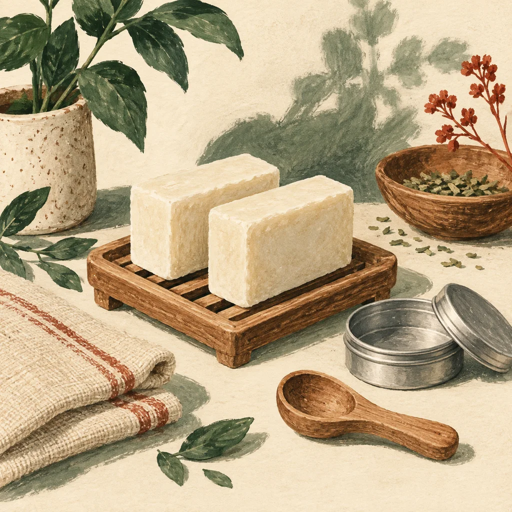 Upvote concept illustration of solid shampoo and conditioner bars; not the maker’s actual products, artwork or venue.