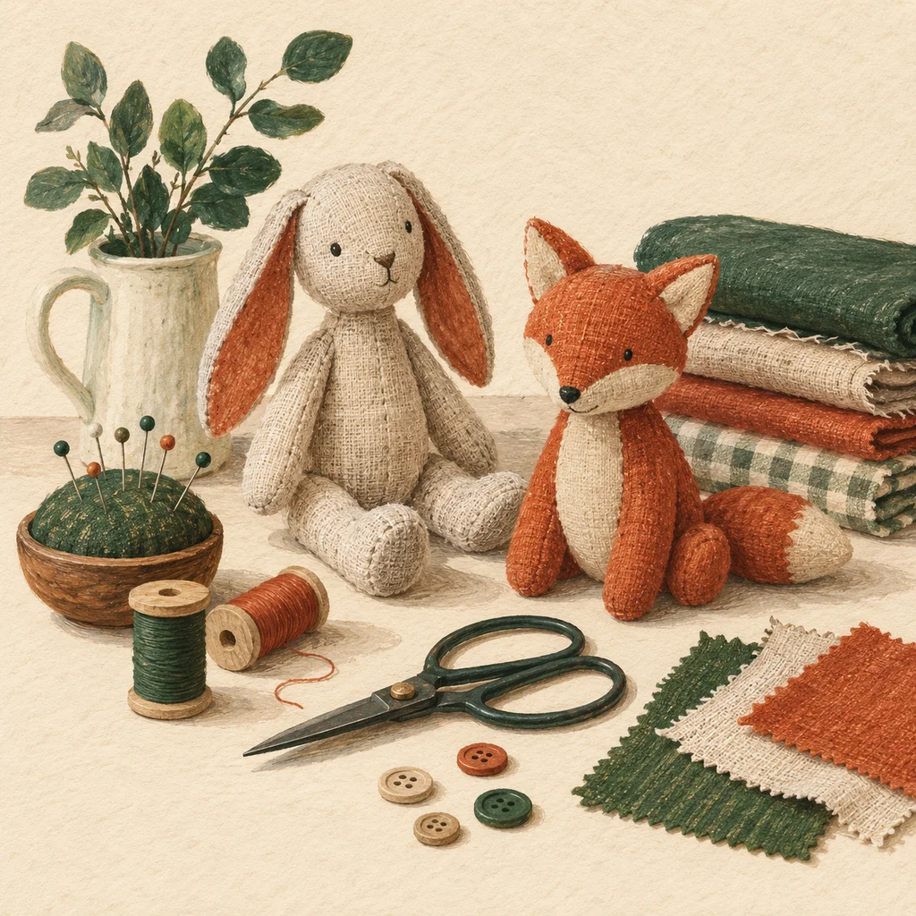 Upvote concept illustration of plain fabric toys, linen scraps and sewing tools; not the actual products or workshop