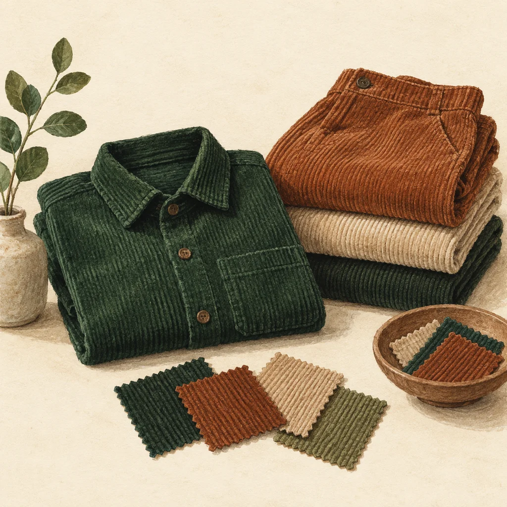 Upvote concept illustration of plain corduroy clothing and cloth swatches; not the actual products or workshop