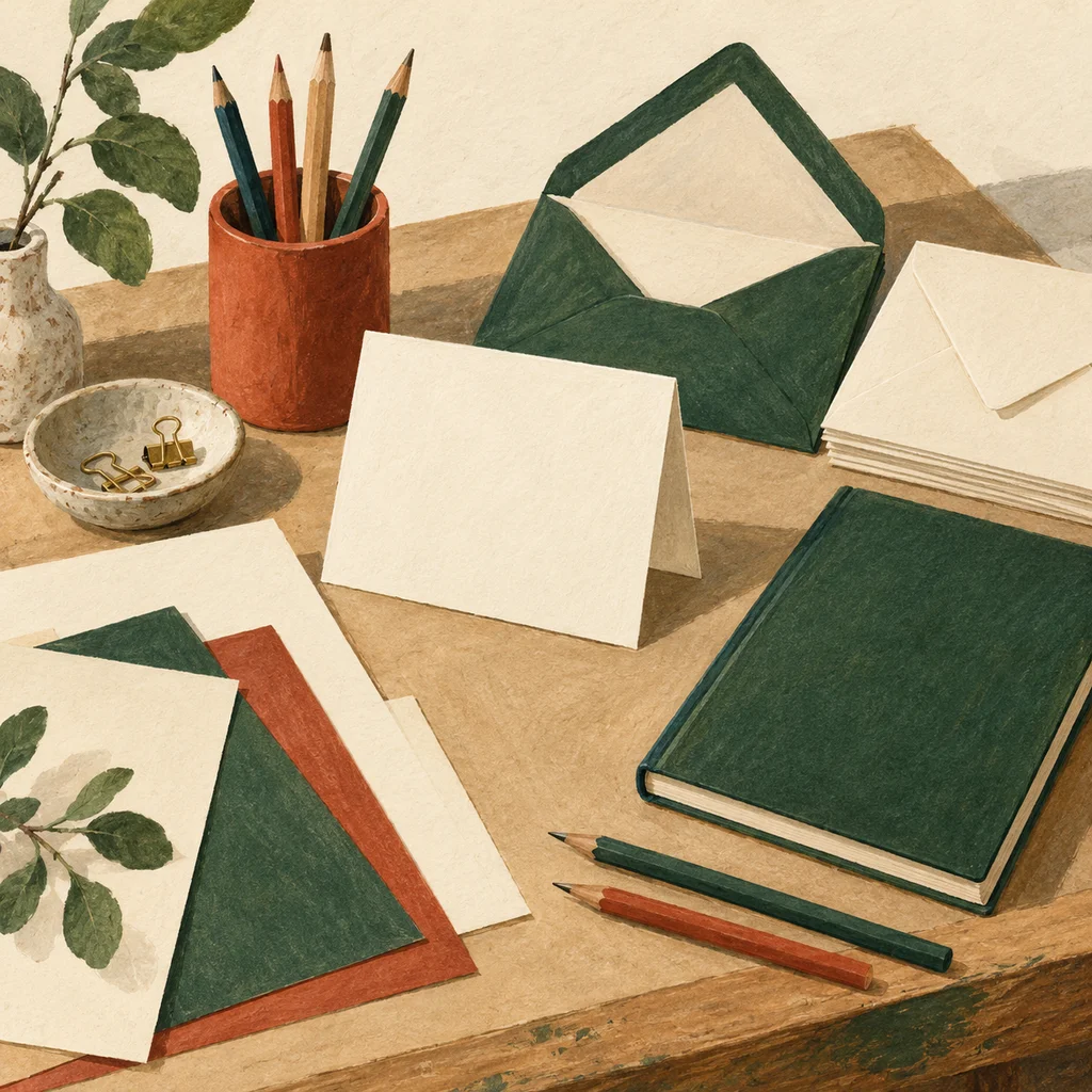 Upvote concept illustration of blank cards, envelopes, notebook and pencils; not the actual products or workshop