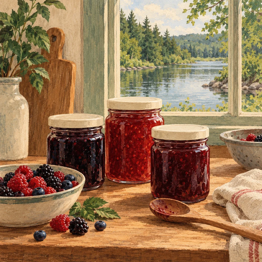 Original Upvote concept of plain jam jars, berries, a wooden spoon and a riverside kitchen window; not the maker’s actual products or studio.