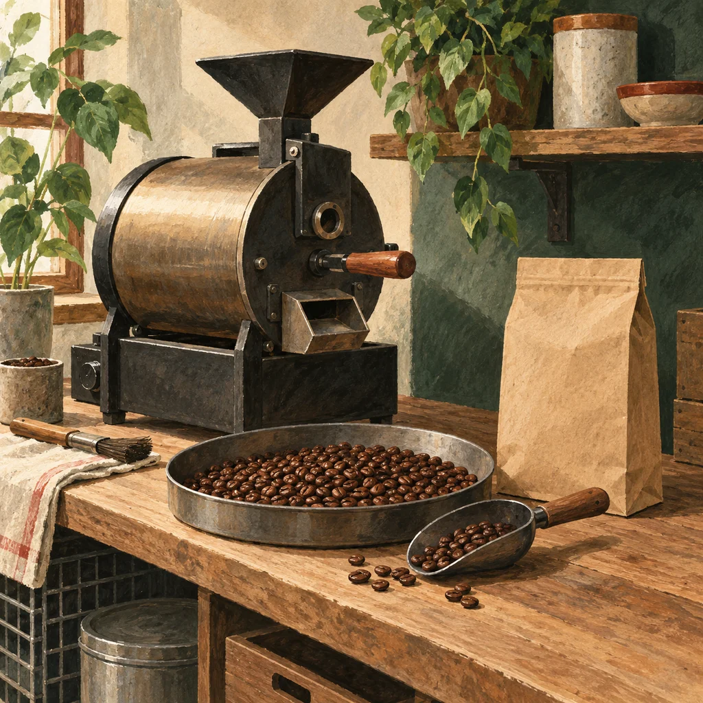 Upvote concept illustration of coffee roasting; not the maker’s actual products, artwork or venue.