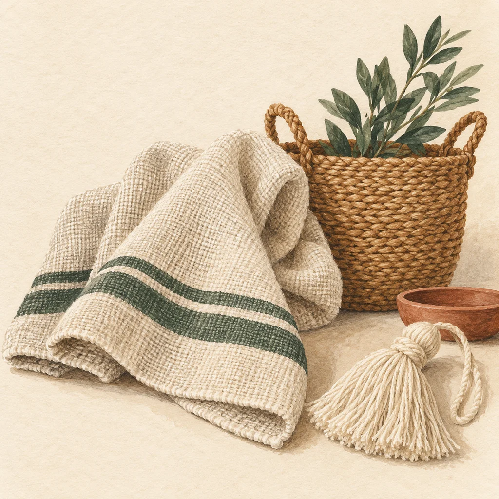 Original concept illustration of a plain fringed towel and folded blanket with textile swatches.