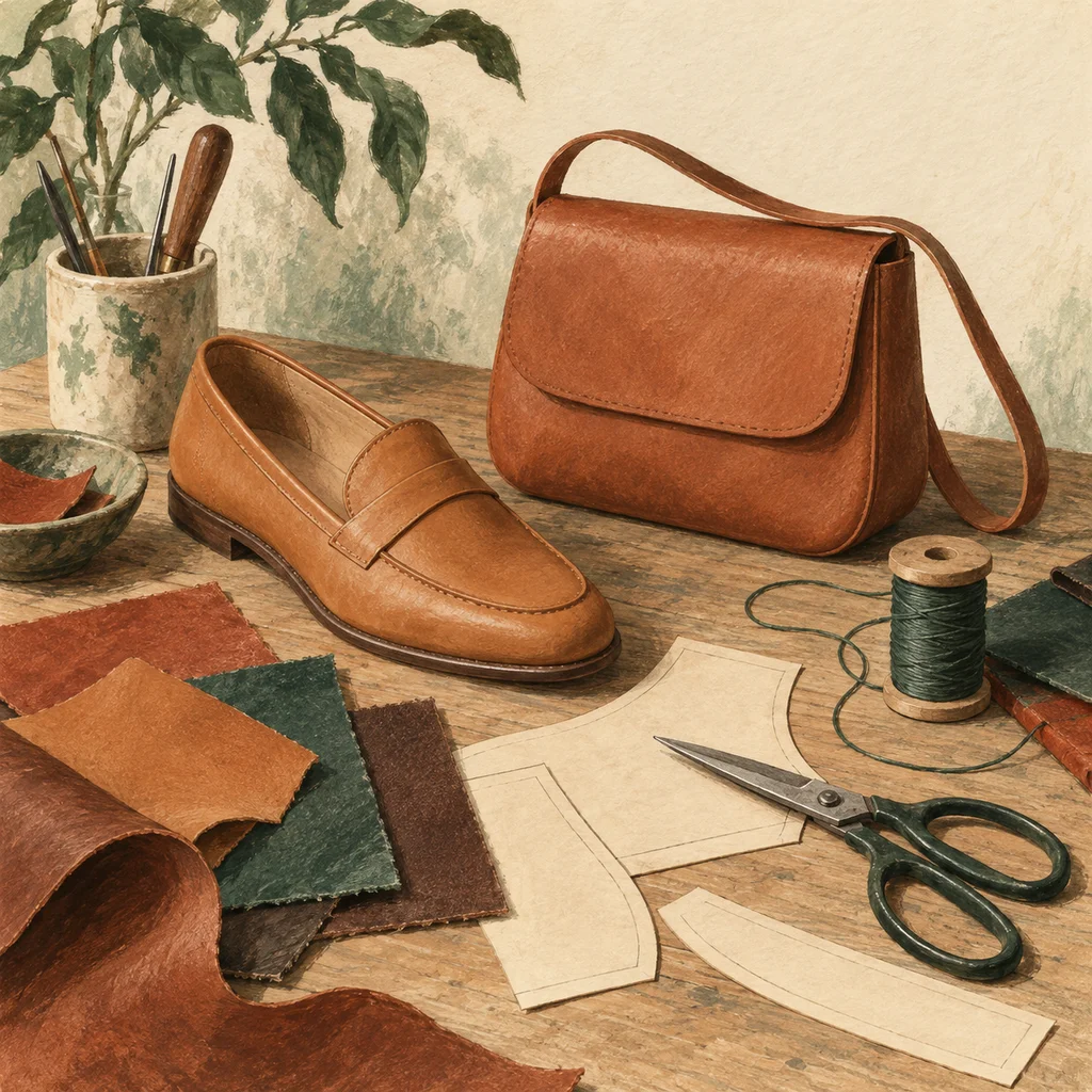 Upvote concept illustration of footwear and leather bags; not the maker’s actual products, artwork or venue.