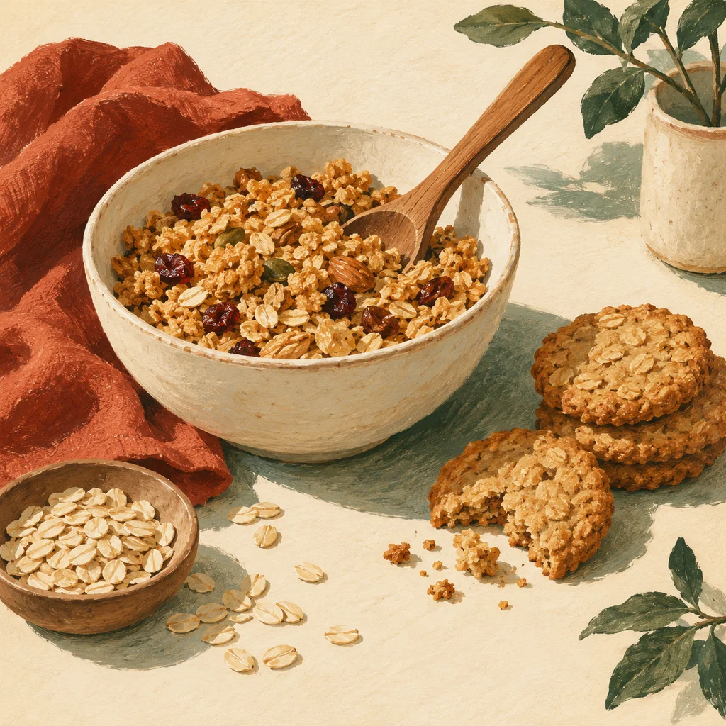 Upvote concept illustration of plain granola, oat cookies and a bowl; not the actual products or workshop