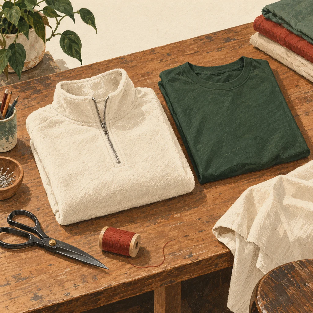 Original concept illustration of a plain half-zip sweatshirt, fabric pieces and garment-making tools.