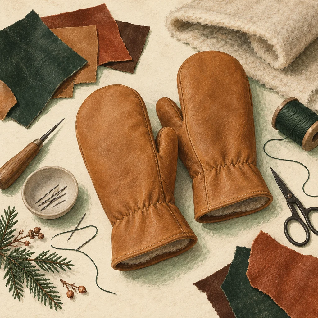 Original Upvote concept of plain leather mitts, leather swatches, wool-like lining and sewing tools on cream paper; not the maker’s actual mitts, patterns or factory.