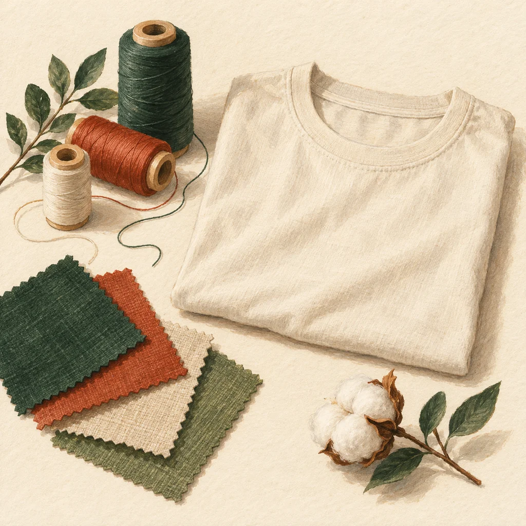 Upvote concept illustration of a plain cotton tee, thread and measuring tape; not the actual products or workshop