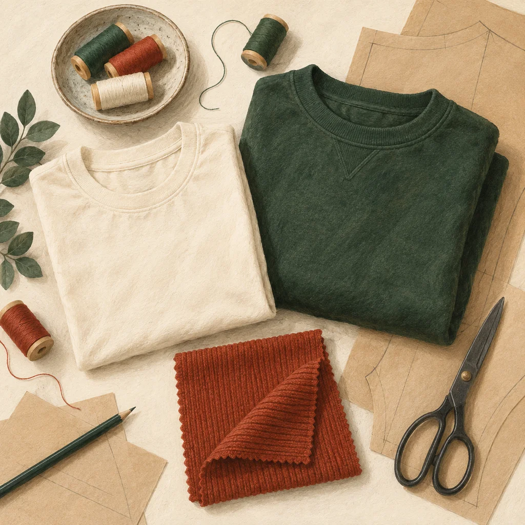 Upvote concept illustration of jersey and fleece clothing; not the maker’s actual products, artwork or venue.