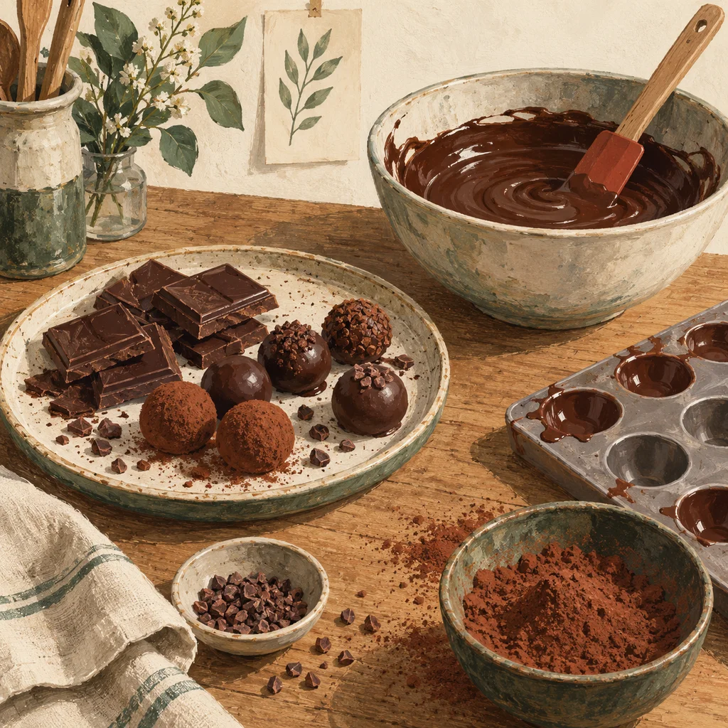 Upvote concept illustration of chocolate making and confectionery; not the maker’s actual products, artwork or venue.