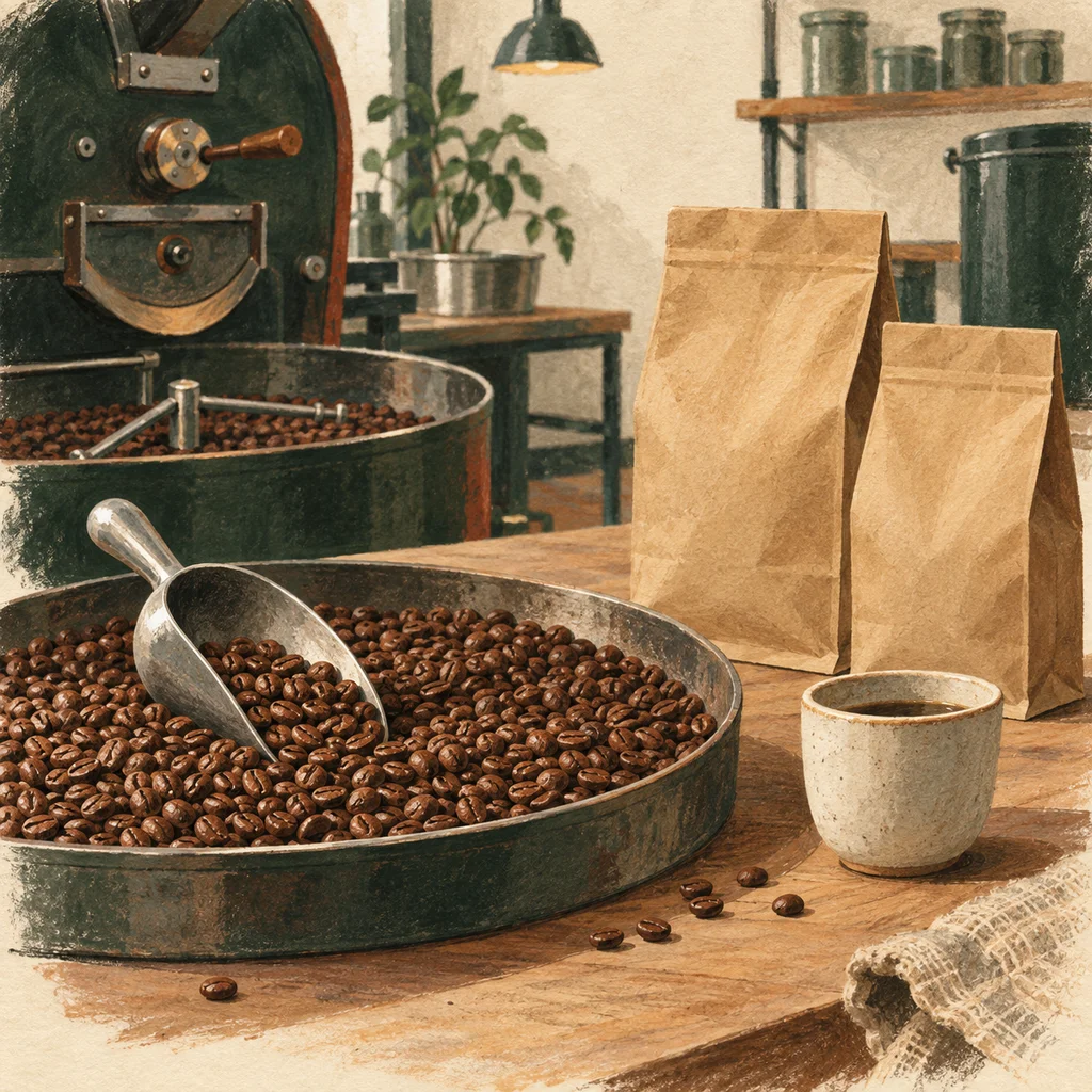 Upvote concept illustration of coffee roasting; not the maker’s actual products, artwork or venue.