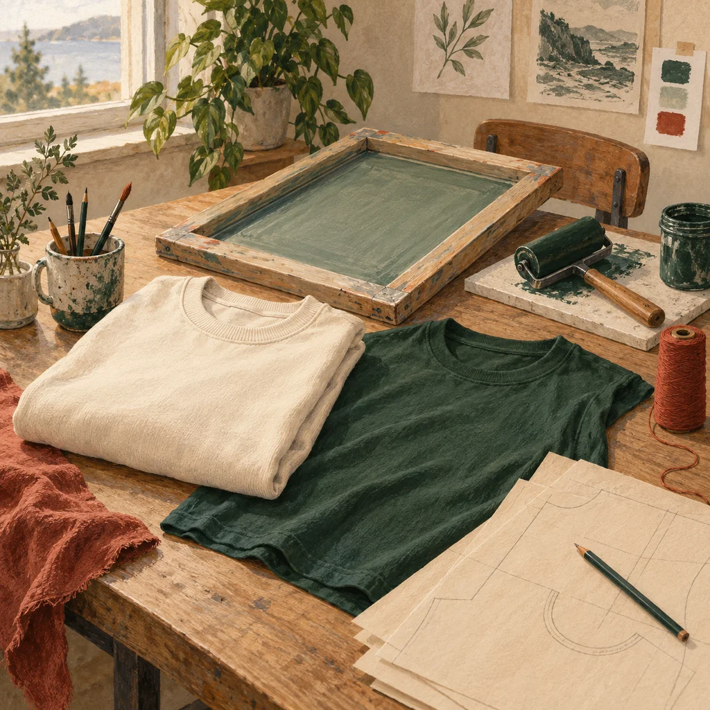 Original Upvote concept of plain garments, printmaking tools and a clothing studio worktable; not the maker’s actual products or studio.