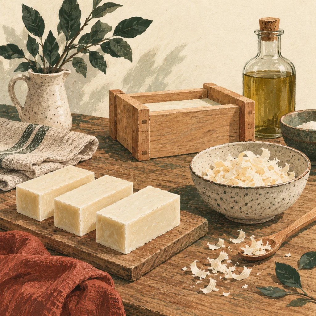 Original concept illustration of plain soap bars, a drying rack and a small soap-making bowl.