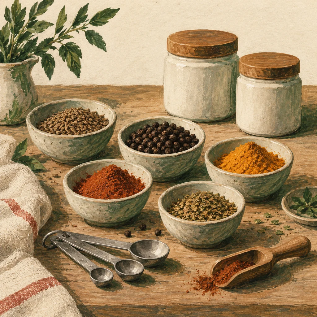 Upvote concept illustration of spice blending and pantry seasonings; not the maker’s actual products, artwork or venue.