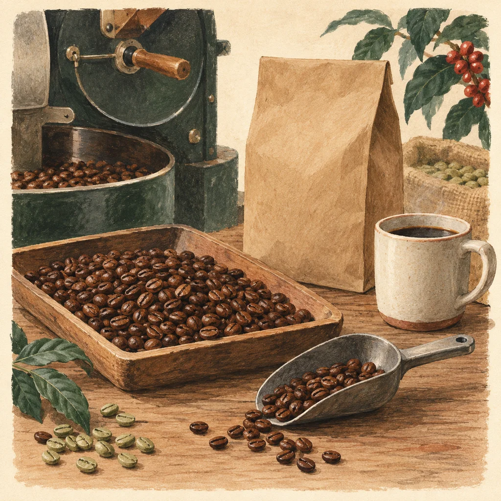 Original Upvote concept of a small coffee roaster, loose beans and a plain brewing cup; not the maker’s actual products or studio.